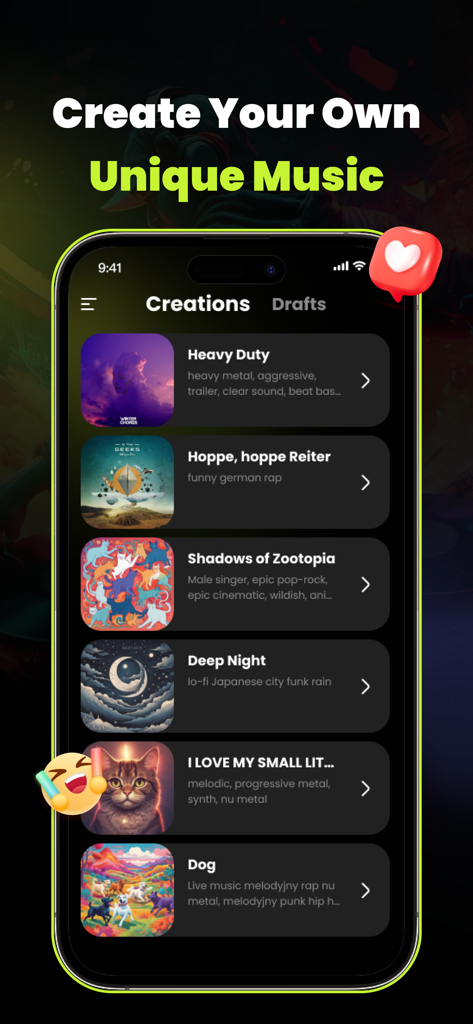 Seed: AI Music Generator - SeedアプリでユニークなAI生成音楽トラックのリストを表示するモバイル画面。