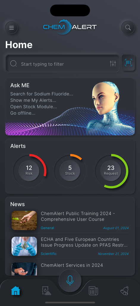 ChemAlert mobile app home screen showing safety alerts news and chemical management tools