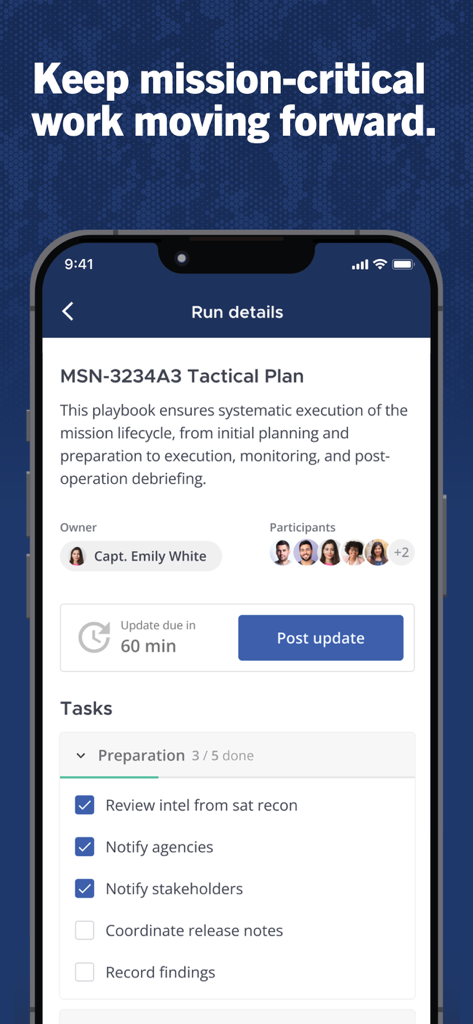 Schermata dell'app mobile Mattermost che mostra i dettagli di esecuzione del piano tattico e la checklist delle attività per operazioni mission-critical