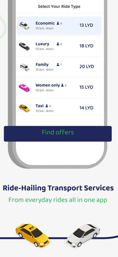 Moeen ride hailing app showing vehicle categories and fares