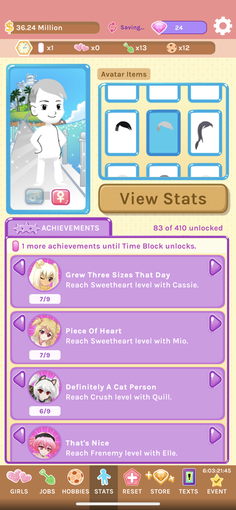 Crush Crush - Idle Dating Sim - Tela de estatísticas do Crush Crush Idle Dating Sim mostrando personalização de avatar e progresso de conquistas de personagem