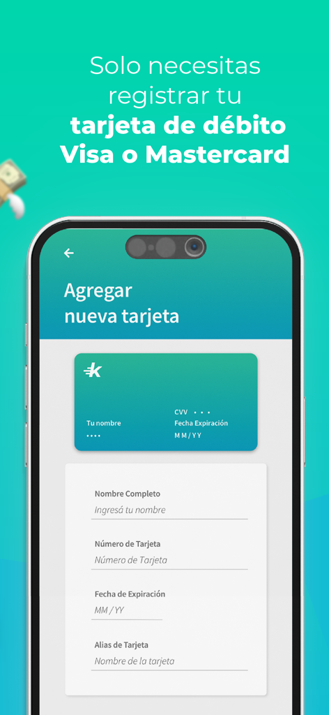 Smartphone screen showing the Kash app interface for adding a new Visa or Mastercard debit card