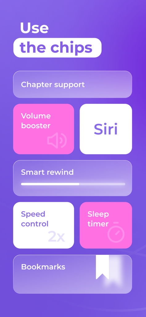 Interfaz de la aplicación SoundBar mostrando fichas de funciones para amplificador de volumen, integración con Siri, control de velocidad de reproducción y temporizador de apagado.