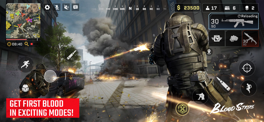 Blood Strike - FPS for all - Gameplay di combattimento urbano pieno d'azione in Blood Strike che mostra un personaggio che spara con un'esplosione sullo sfondo