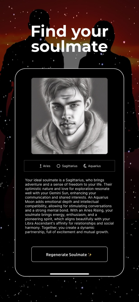 Soul - Call the Universe - Una pantalla de la aplicación Soul que muestra una función de descubrimiento de almas gemelas con un retrato masculino y detalles de compatibilidad astrológica