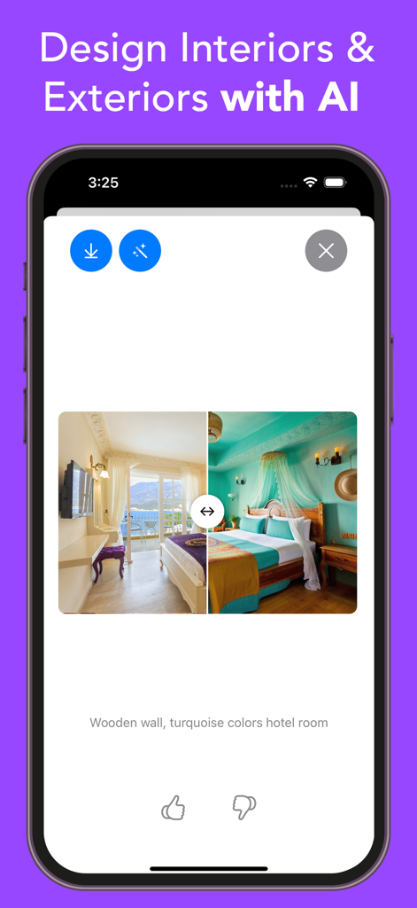 Luw AI - AI Home Design - A split screen comparison showing a hotel room before and after an AI interior design makeover with turquoise colors.