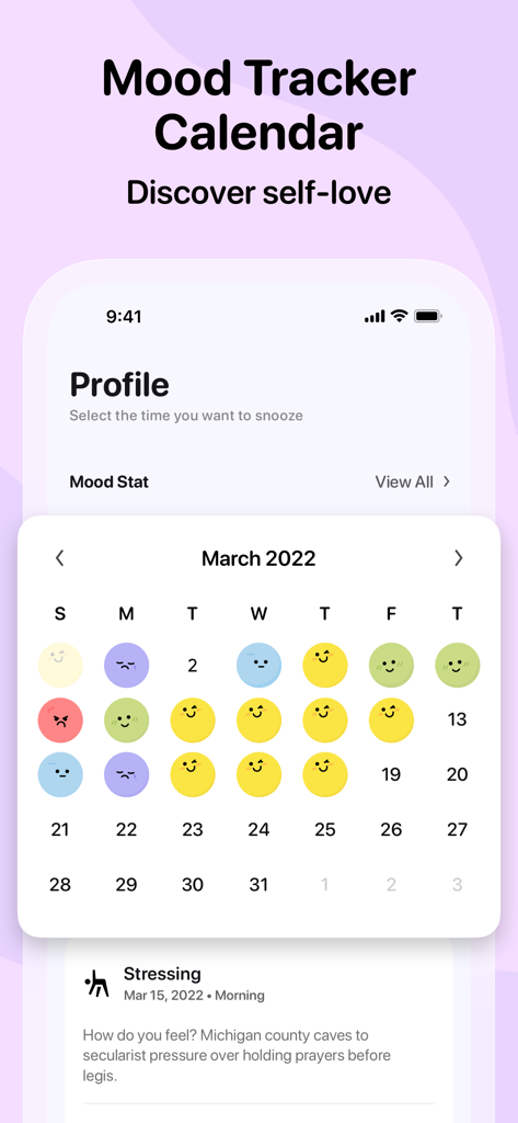 Me+ Lifestyle Routine - Visualizzazione del calendario mensile del tracker dell'umore nell'app Me Plus che mostra le emoji dell'umore giornaliero.