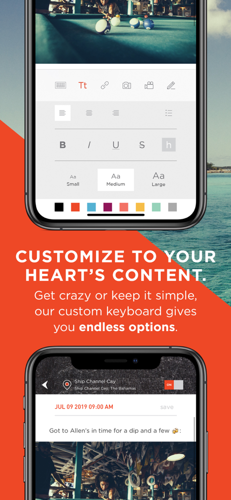 Journo app interface showing custom keyboard and text formatting options for travel stories.