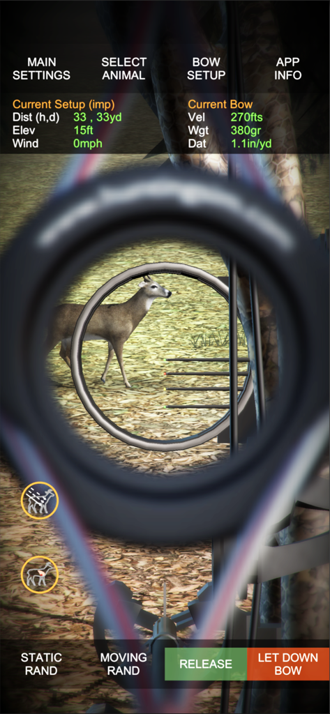 Technical bow hunting simulator view through a pin sight at a deer with distance and wind data