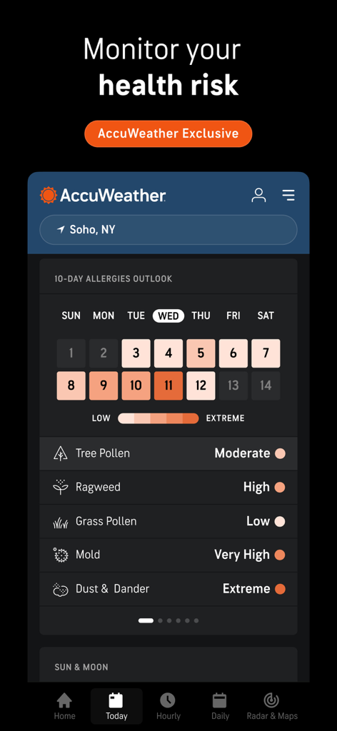 AccuWeather app interface displaying a 10 day allergy outlook and health risk metrics including pollen and mold levels