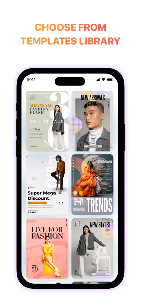 Smartphone screen showcasing a library of professionally designed fashion and lifestyle flyer templates.
