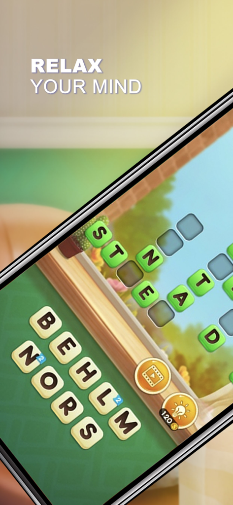 Word Free Time - Smartphone screen displaying a Word Free Time crossword puzzle with the text Relax Your Mind