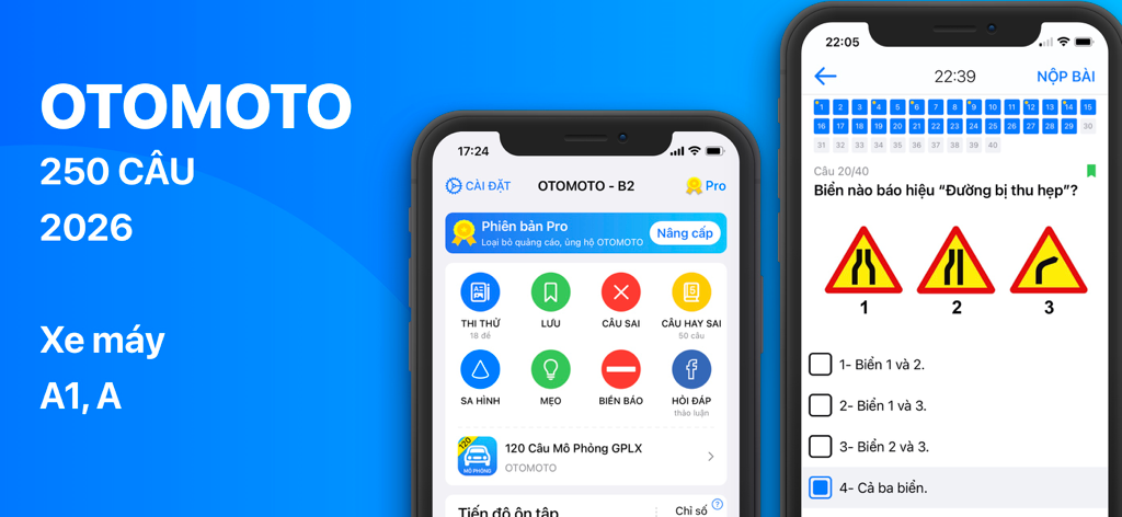 600 Câu Lý Thuyết GPLX OTOMOTO - OTOMOTO mobile app interface for studying the 2026 Vietnamese driving license theory test showing a dashboard and a practice quiz question.