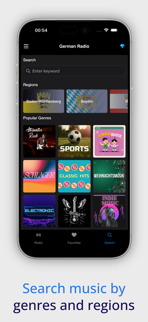 Schermata di ricerca dell'app Radio Tedesca che mostra generi musicali e categorie regionali