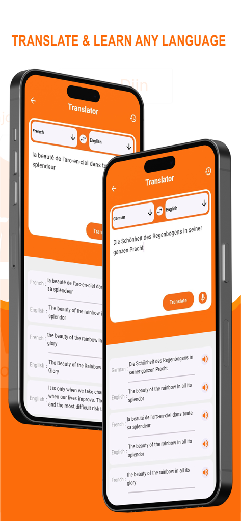 Speak & Translate All Language - Two smartphones displaying the translation interface of the Speak and Translate app showing French and German translations to English.
