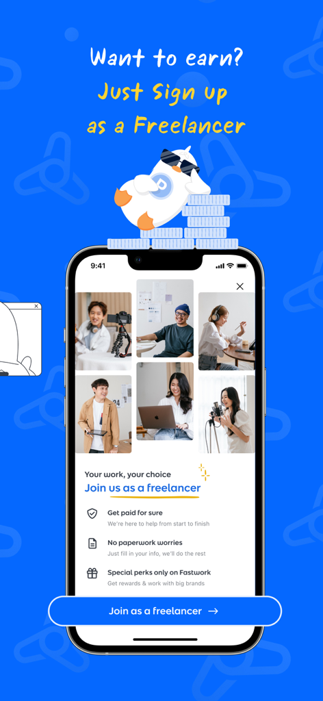 Fastwork - Hire Freelancers - Fastwork app screen for freelancers to sign up and earn money with benefits like secure payment and zero paperwork
