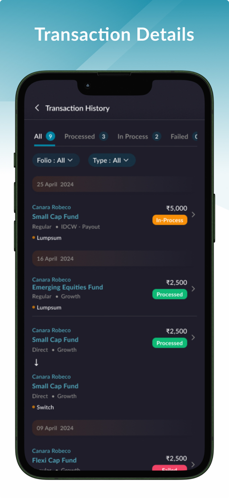 Transaction history dashboard showing mutual fund investment details and statuses in the Canara Robeco smarT Investor app.