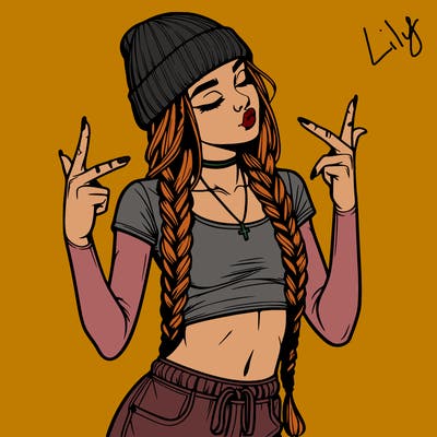 realistic teenage girl with braids and a beanie and crop top doing 🫶🏼