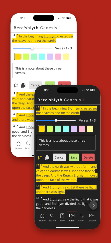Cepher - Cepher mobile app interface showing verse highlighting and note taking features in light and dark modes