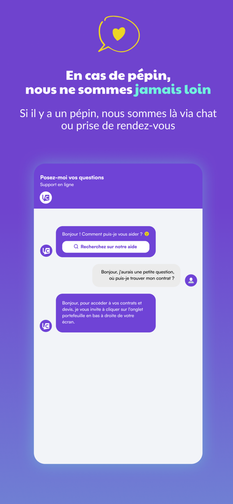Interface de chat de support client dans l'application d'assurance Leocare