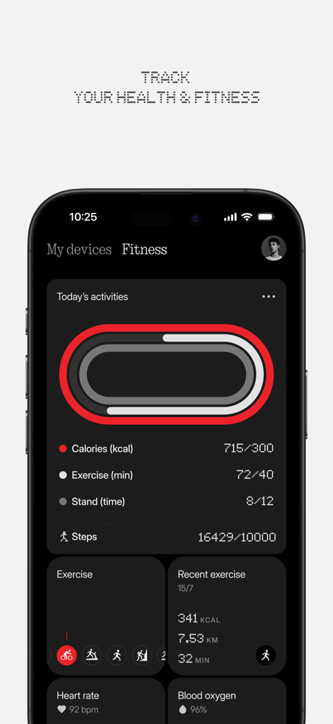 Nothing X - Nothing X app fitness dashboard displaying daily activities, steps, heart rate, and blood oxygen levels in a minimalist dot-matrix design