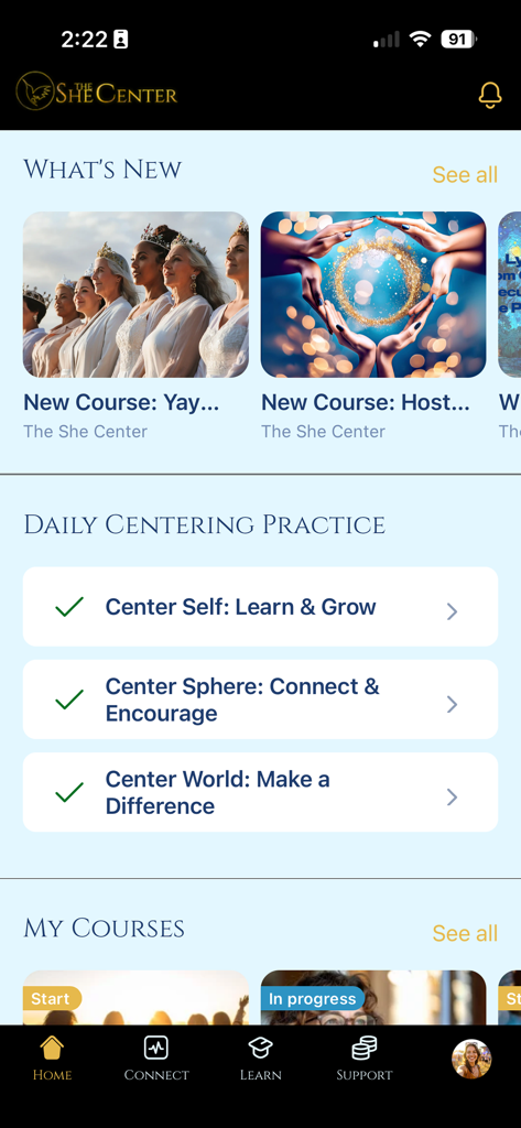 The She Center - The She Center mobile app home screen featuring daily centering practices and new video courses for women