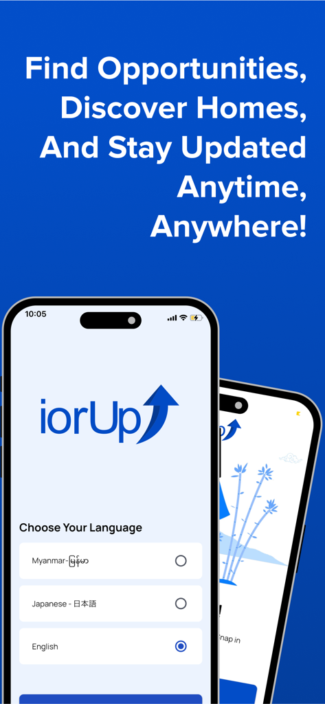 iorUp app interface showing language selection and features for finding jobs and housing in Japan