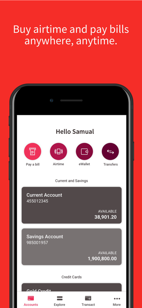 Absa Mocambique mobile app dashboard showing account balances and bill payment options