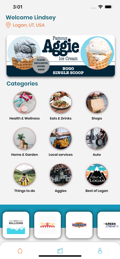 The Best of Logan - Tela inicial do aplicativo The Best of Logan mostrando ofertas locais e categorias de negócios em Logan Utah