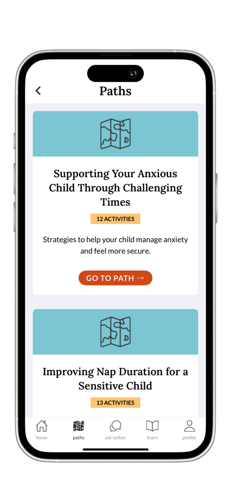 Parenting TRICK - Interface of the Parenting TRICK app showing personalized learning paths for supporting anxious children and improving nap duration