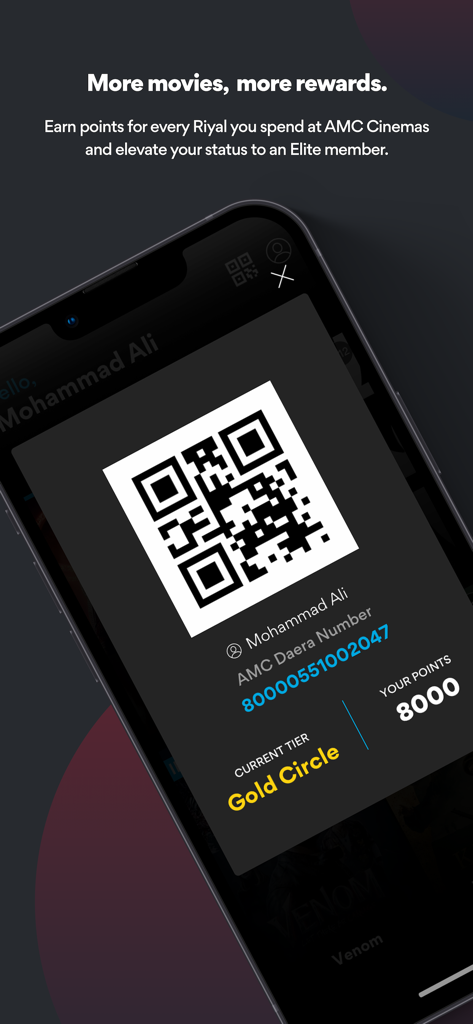 AMC Cinemas KSA - A smartphone screen showing the AMC Daera digital loyalty card with a QR code and reward points balance