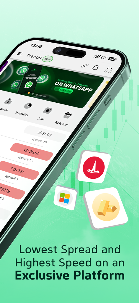Interface de l'application Trendo affichant des spreads Forex en direct et des instruments de trading tels que des actions et de l'or.