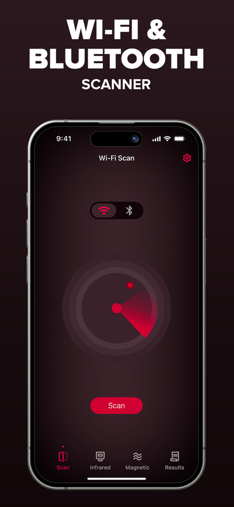 Network Scanner: Device Finder - ネットワークスキャナーアプリのインターフェース。近くのWi-FiおよびBluetoothデバイスをスキャンする赤いレーダーが表示されています