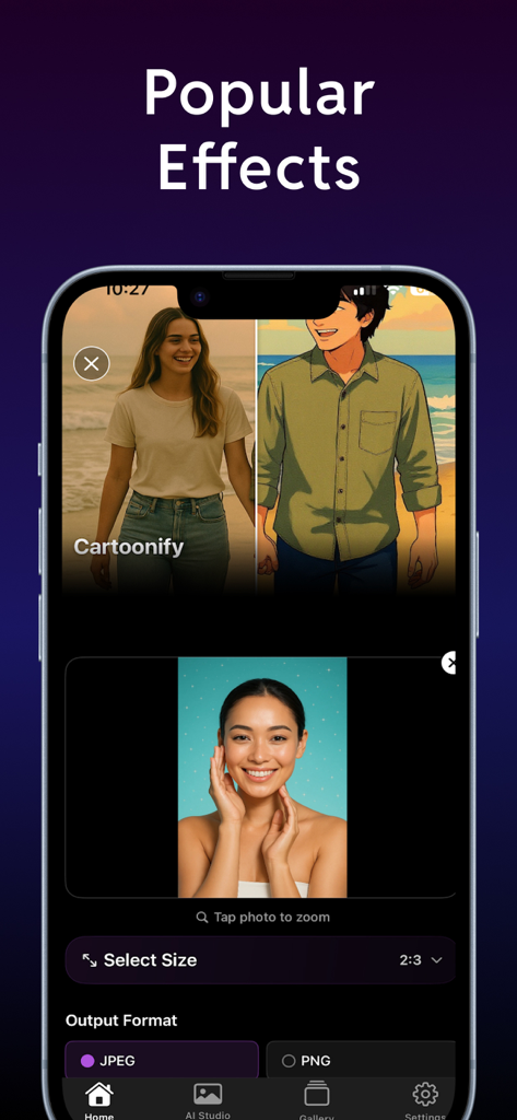 NENA AI Video Generator Pro - Interface of NENA AI Video Generator Pro showing the popular effects screen with cartoonify filter and export settings