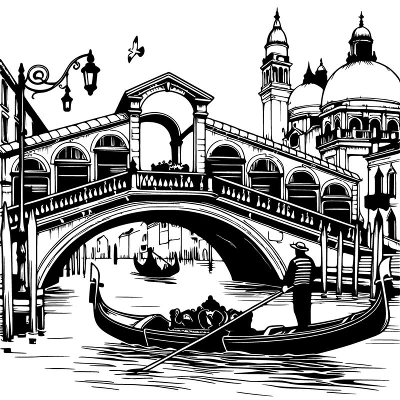 realistic venetian bridge with gondola passing under