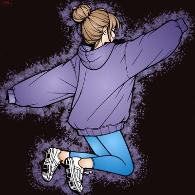 realistic girl jumping with a bun and oversized sweatshirt