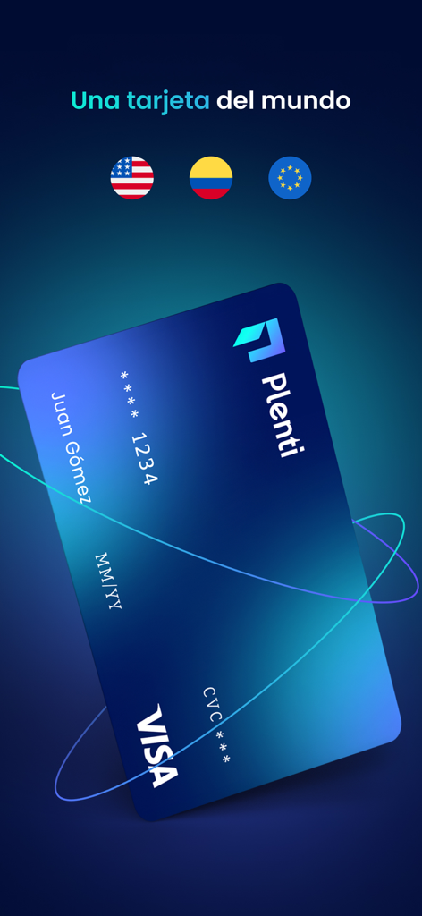 A blue Plenti Visa multi-currency card shown with icons of the USA, Colombia, and European Union flags