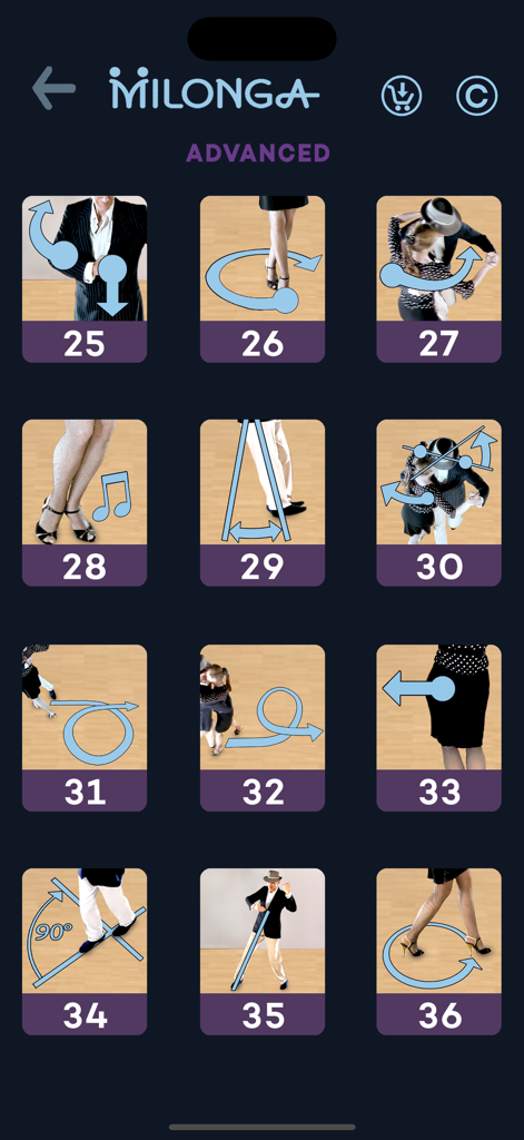 Advanced Milonga dance lessons with visual icons for steps and technique