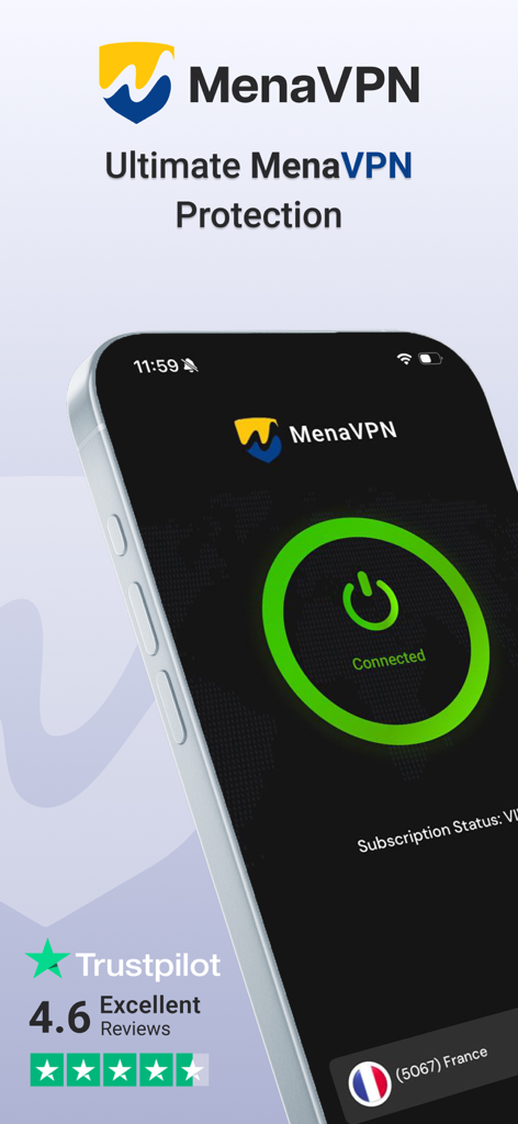 Mena VPN: UAE, KSA, Oman - Pantalla de la app Mena VPN mostrando el estado de conexión y excelentes reseñas de Trustpilot