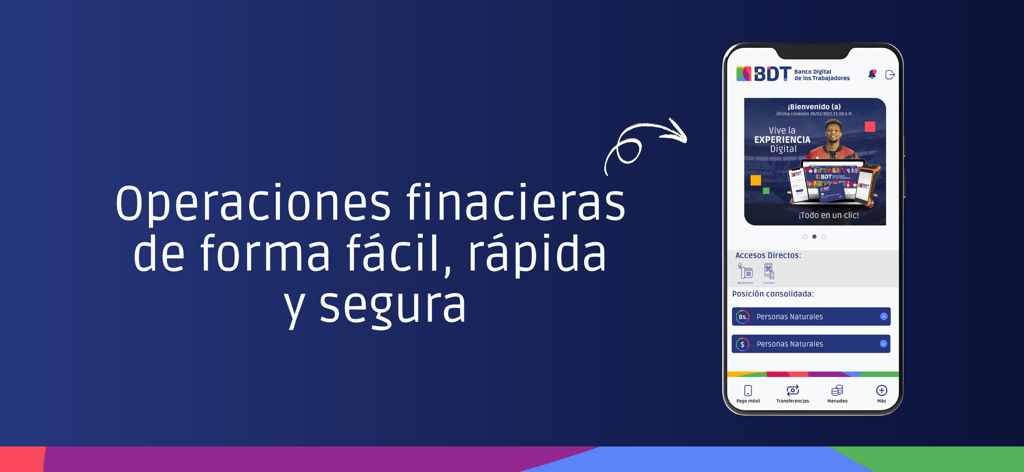 Movil BDT - Pantalla de smartphone mostrando la interfaz de la aplicación Movil BDT para operaciones bancarias digitales