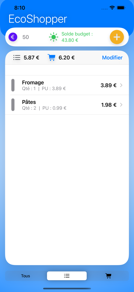 EcoShopper - Interface of EcoShopper app displaying a grocery list and real-time budget tracking
