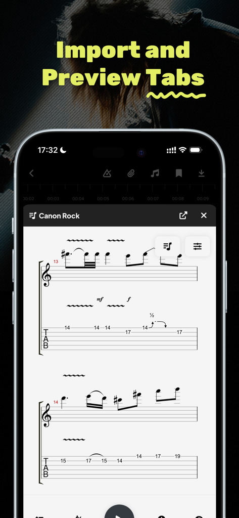 Audio Jam - AI for musicians - Pantalla de un móvil que muestra la función de pestañas de importación y vista previa con notación de guitarra para Canon Rock en la aplicación Audio Jam