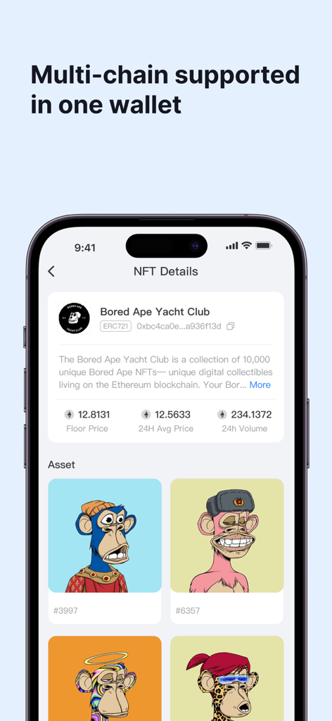 TokenPocket: Crypto & Bitcoin - TokenPocket mobile app displaying Bored Ape Yacht Club NFT details and gallery
