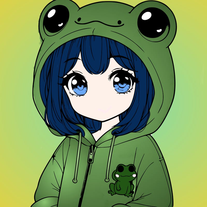 cute realistic girl in a froggy hoodie