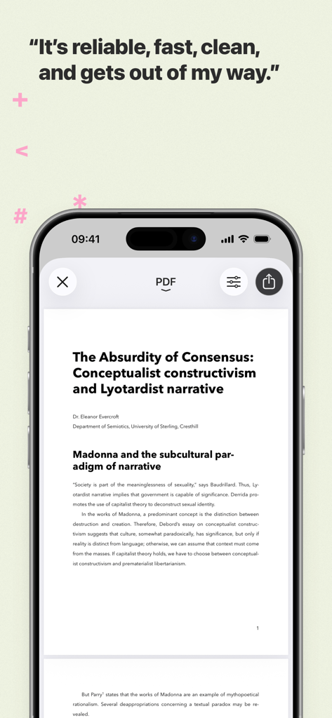 Ulysses 글쓰기 앱에서 전문적인 PDF 문서 미리보기를 보여주는 iPhone