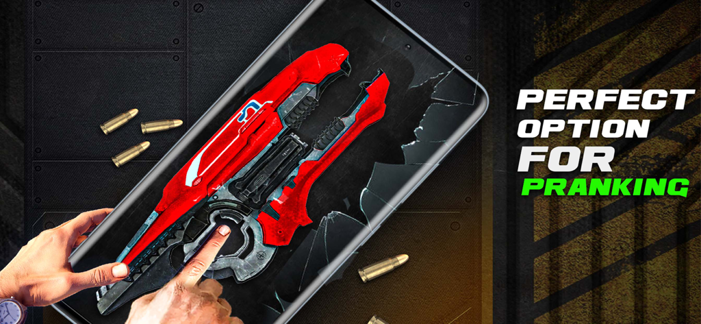 Una mano sosteniendo un smartphone que muestra un arma futurista roja y una pantalla agrietada con el texto: opción perfecta para gastar bromas