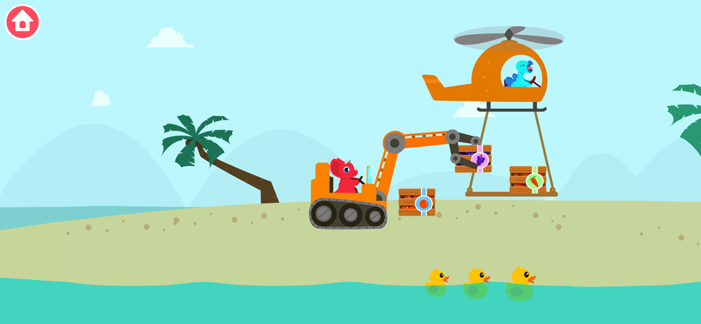 Un dinosauro che aziona un escavatore arancione per caricare casse di frutta sulla piattaforma di un elicottero su una spiaggia.