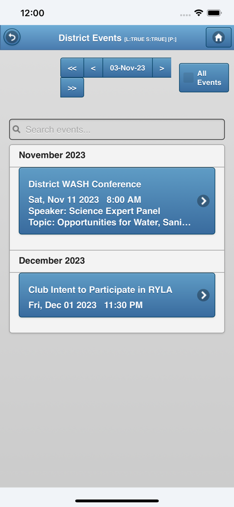 DACdb Mobile - District Events screen in the DACdb Mobile app displaying a list of upcoming Rotary club events and conferences.