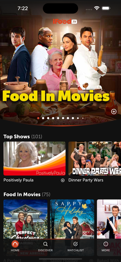 Pantalla de inicio de la aplicación iFood.tv que muestra programas de televisión y películas con temática de comida