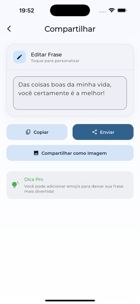 Frases Status + IA - Frases Status + IAアプリのインターフェース、引用を画像としてコピー、送信、または共有するためのオプションを表示